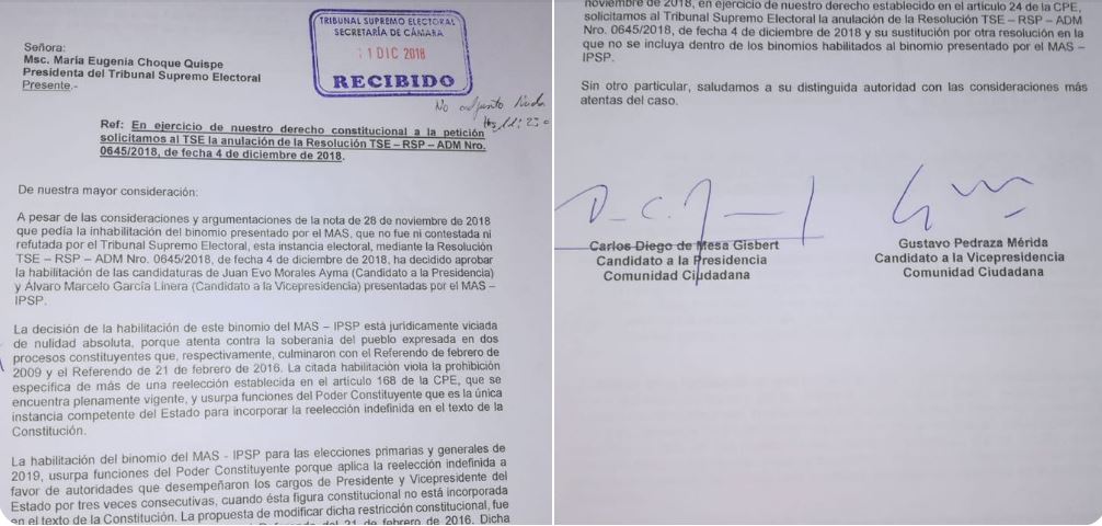 Mesa pide la anulación de la habilitación de Evo y Álvaro porque viola la Constitución