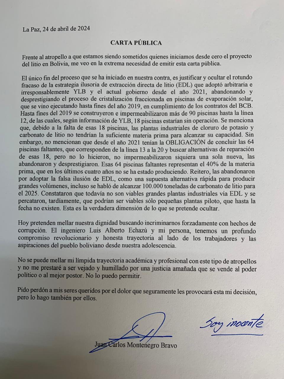 Carta: exgerente de YLB afirma que es “inocente” y denuncia al Gobierno por abandonar las piscinas por la "ilusoria extracción directa de litio"
