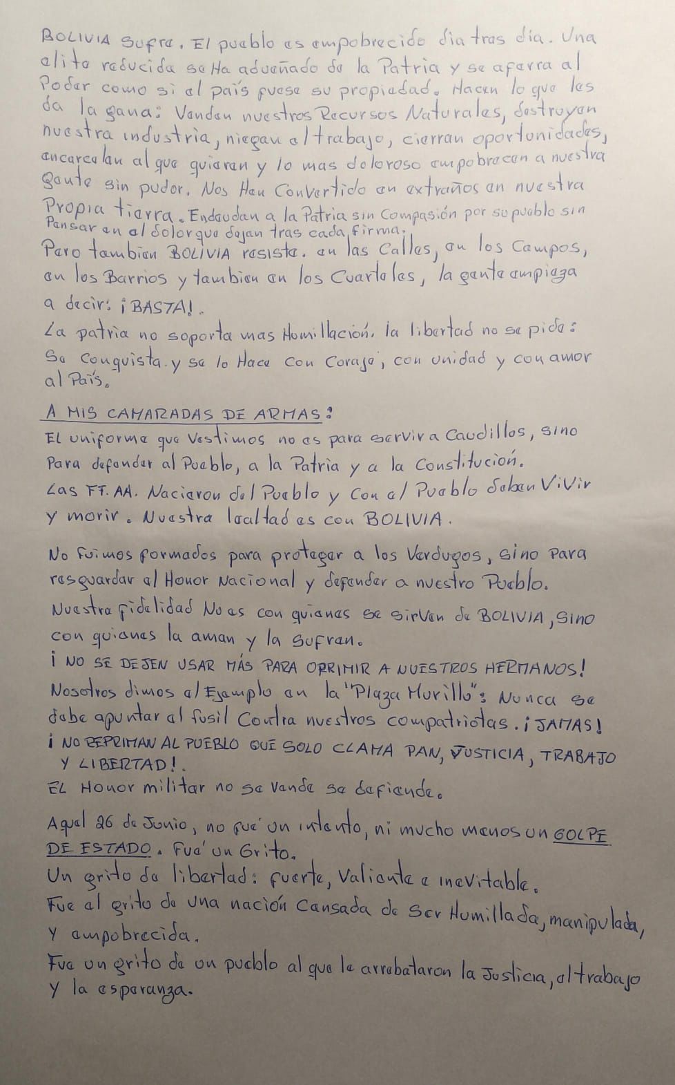 A un año del alzamiento militar, circula  carta atribuida a Zúñiga en la que  insiste en que no se trató de golpe