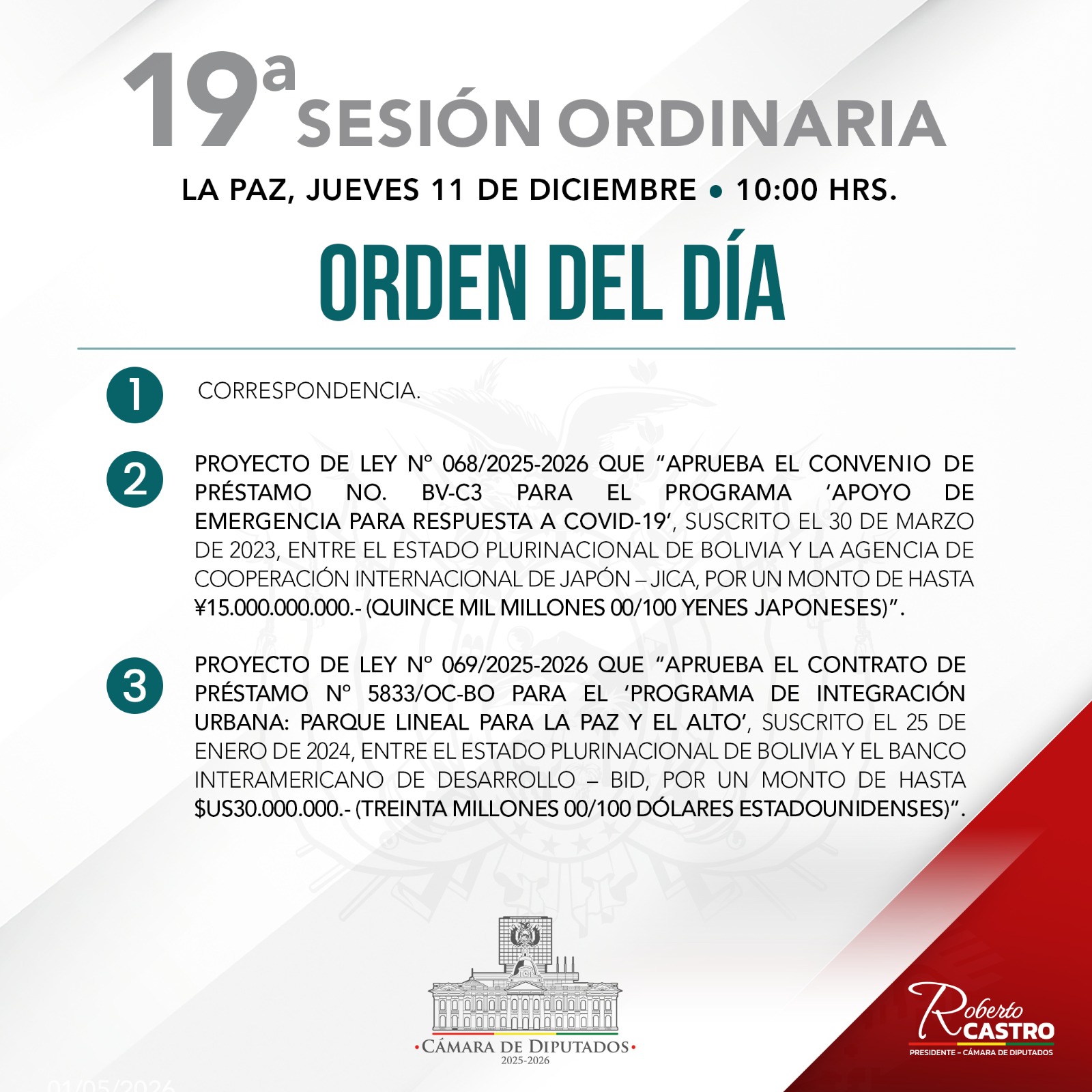 Cámara de Diputados sesiona para tratar tres créditos externos y PGE 2026