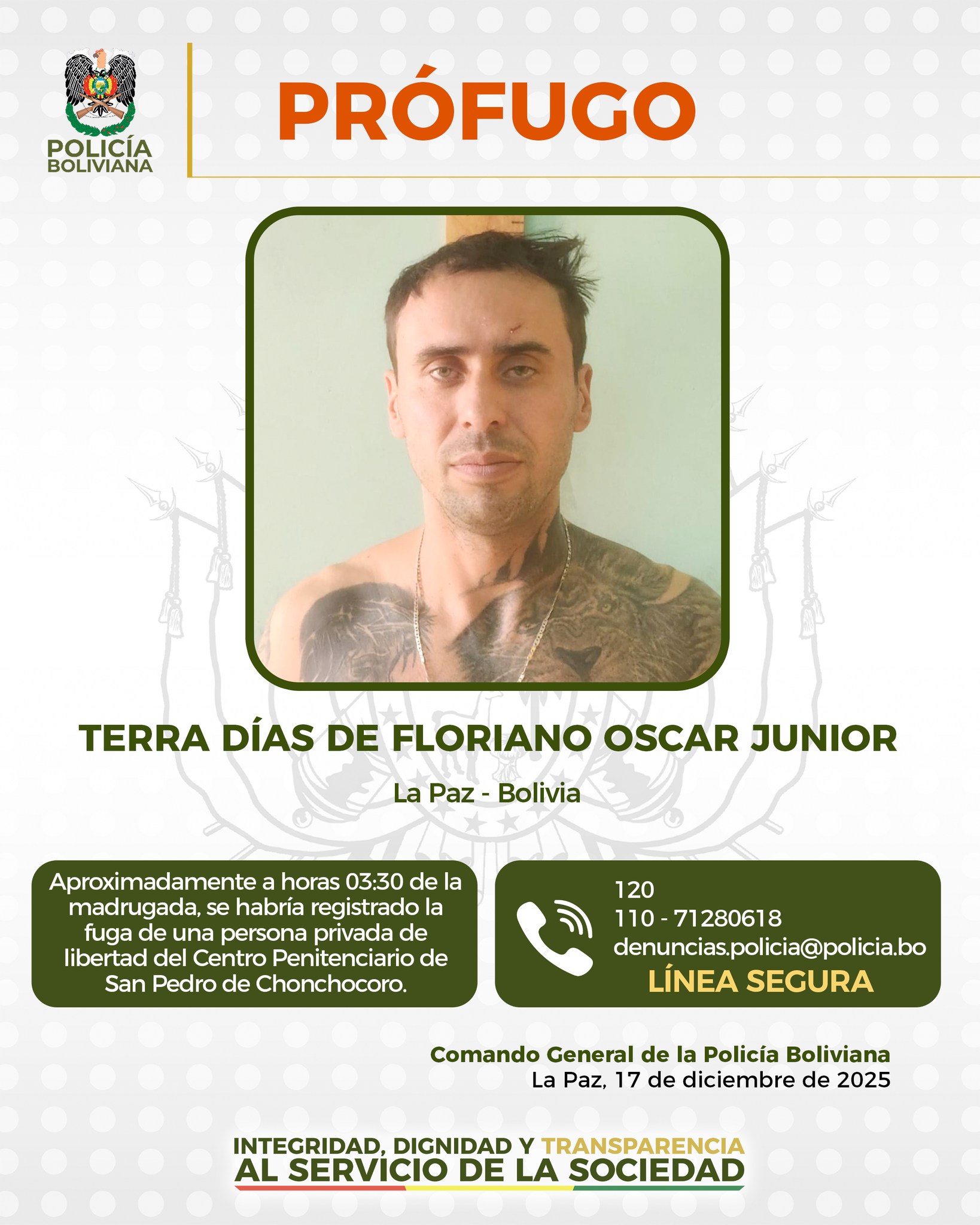 Aprehenden a un policía y a otros cinco funcionarios de Chonchocoro por fuga de dos reclusos peligrosos