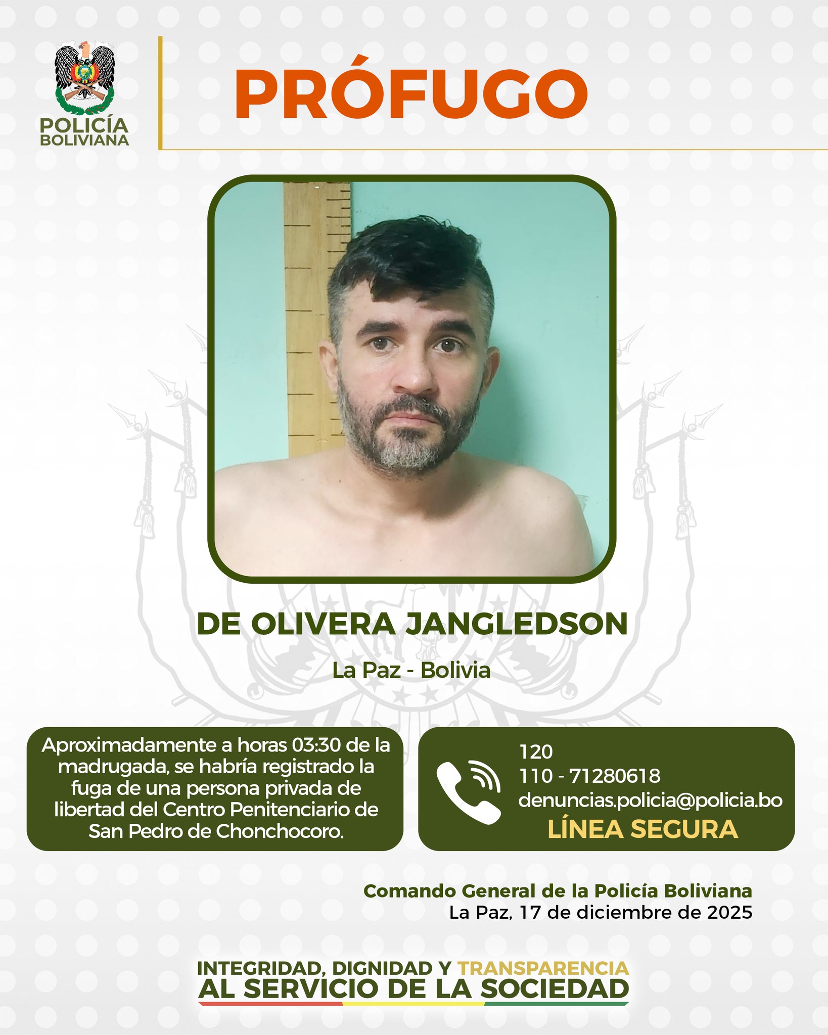 Aprehenden a un policía y a otros cinco funcionarios de Chonchocoro por fuga de dos reclusos peligrosos