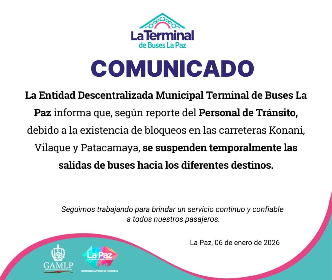 Terminales de La Paz y El Alto suspenden salidas ante bloqueos