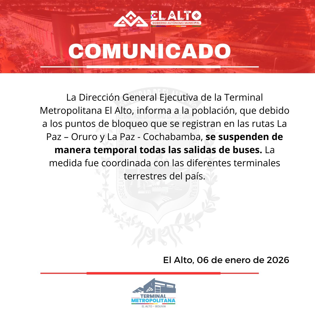 Terminales de La Paz y El Alto suspenden salidas ante bloqueos