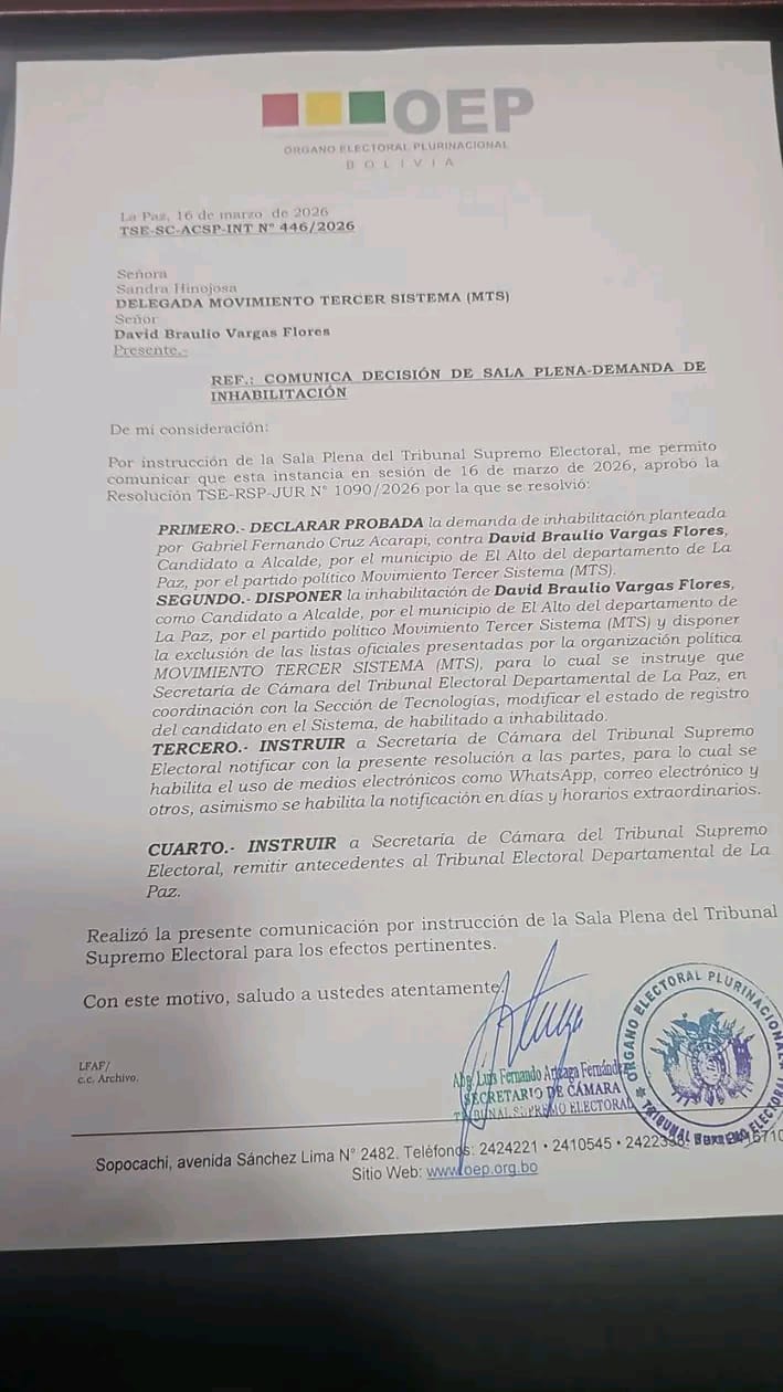 Tres candidatos de la alcaldía de El Alto fueron inhabilitados por el TSE