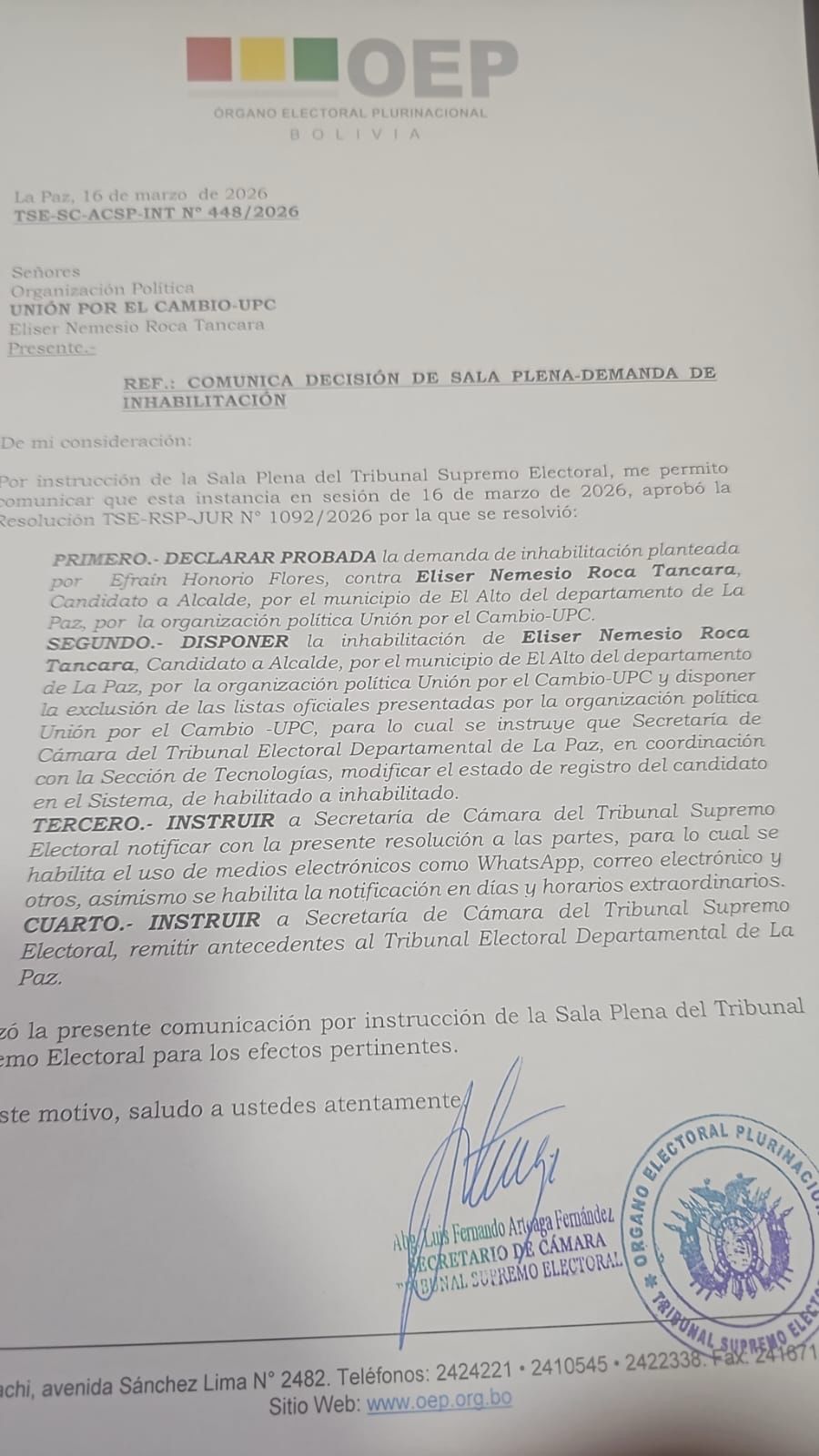 Tres candidatos de la alcaldía de El Alto fueron inhabilitados por el TSE