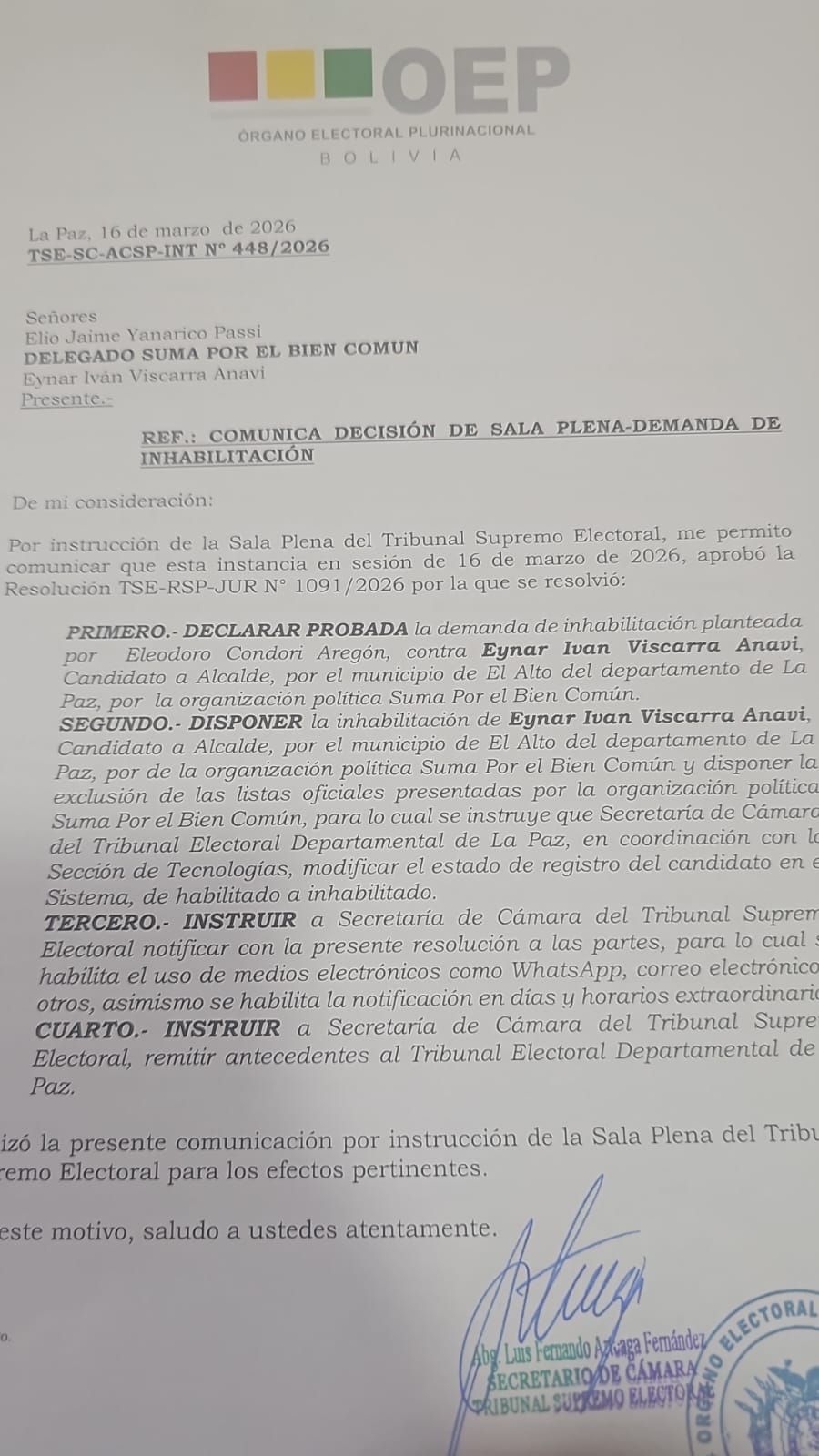 Tres candidatos de la alcaldía de El Alto fueron inhabilitados por el TSE