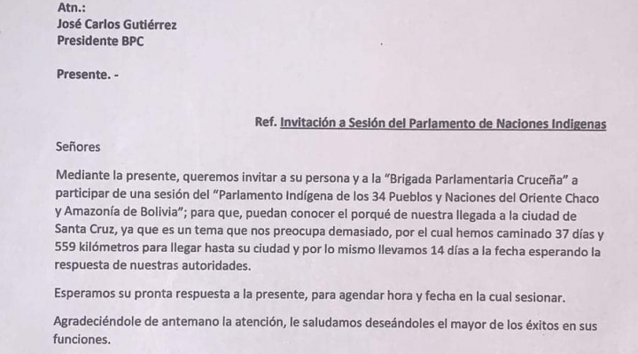 Marchistas invitan a brigada cruceña a la sesión del Parlamento Indígena