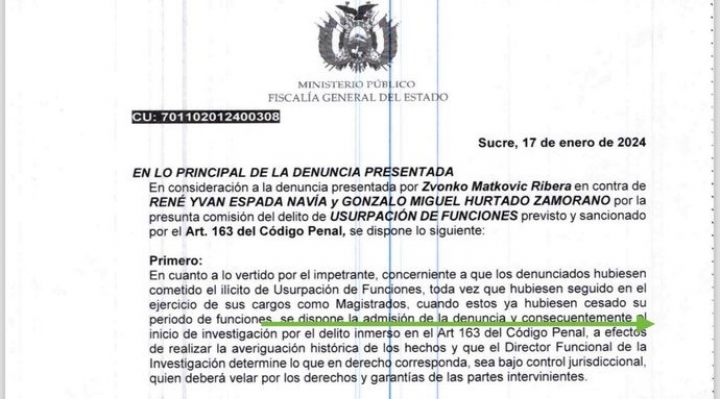 Fiscalía admite denuncia contra magistrados autoprorrogados que establecieron suplencia de Camacho