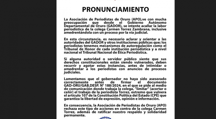 Asociación de Periodistas de Oruro denuncia que la Gobernación intenta acallar a una periodista