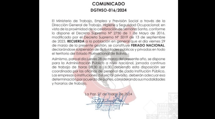 Ministerio de Trabajo indica que el jueves se trabajará en horario continuo y el viernes es feriado nacional