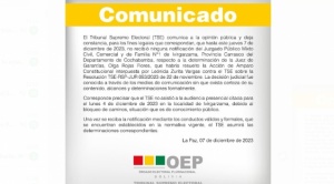 El TSE señala que no recibió ninguna notificación del Juzgado de Ivirgarzama 1
