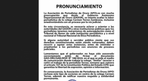 Asociación de Periodistas de Oruro denuncia que la Gobernación intenta acallar a una periodista