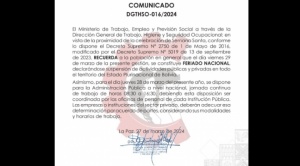 Ministerio de Trabajo indica que el jueves se trabajará en horario continuo y el viernes es feriado nacional 1