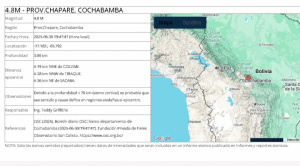 Observatorio San Calixto reporta sismo de magnitud 4,8 en el Chapare, Cochabamba