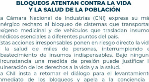 Cámaras Nacional de Industrias denuncia que bloqueos ponen en riesgo el abastecimiento de oxígeno y material médico