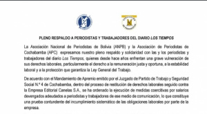 ANPB y APC respaldan a trabajadores de Los Tiempos por salarios impagos